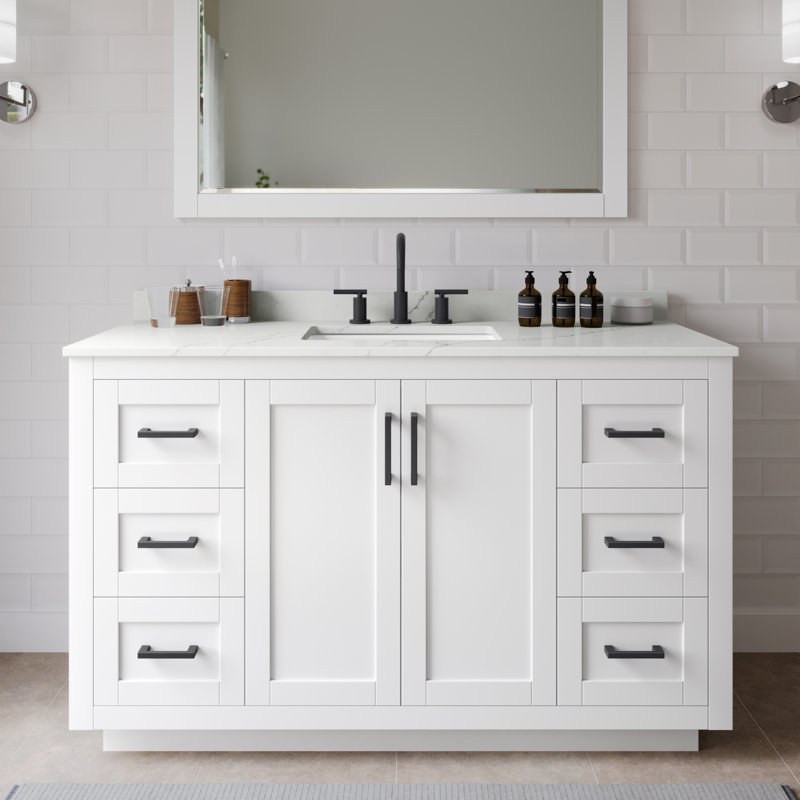 Ensemble de meuble-lavabo simple 54 po avec plateau en quartz Miranda, Quartz Giotto, Blanc, Noir mat