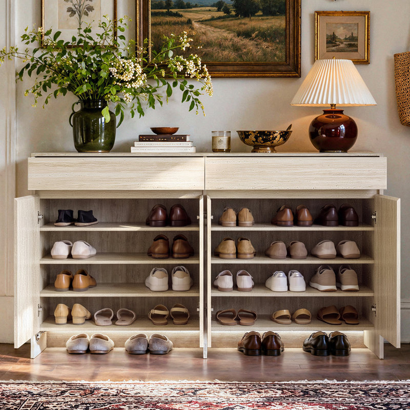 Meuble à chaussures de 160 cm de large avec 4 portes, 2 tiroirs et éclairage à détecteur de mouvement, beige