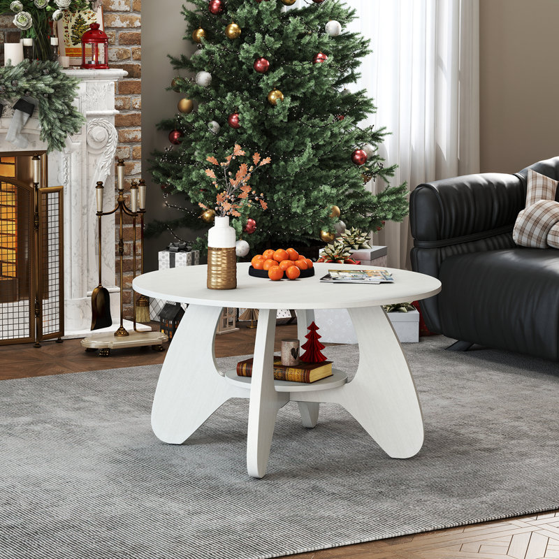 31.5" Circle Coffee Table for Living Room, 2-Tier Wood Accent Center Table with Open Storage, White