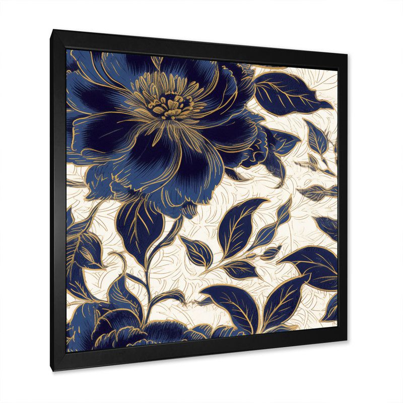 Pivoines bleues dorées - Impression, Cadre photo noir, H 16 po x l 16 po x P 1 po