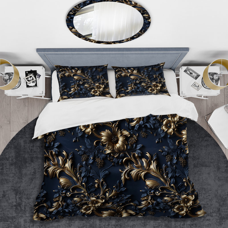 Ensemble de housse de couette à motif victorien bleu cobalt, Housse de couette pour très grand lit et 2 très