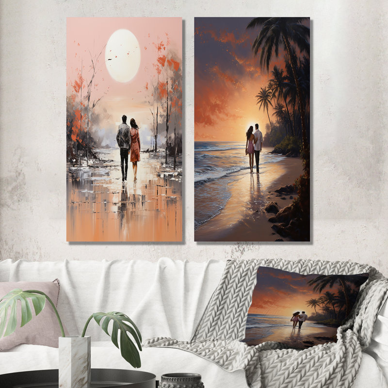 «Couple marchant sur la plage» 2 pièces, Toile tendue, H 20 po x l 24 po