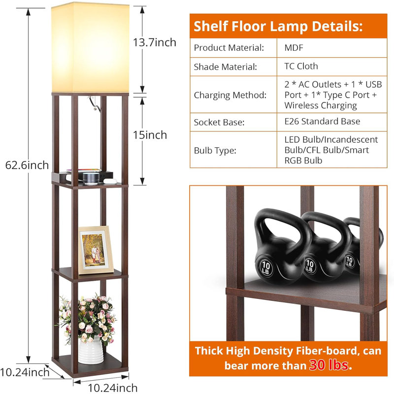 3-In-1 Floor Lamp With Wireless Charging, USB Ports, Power Outlets & Shelves For Storage, Dark Brown, 63"