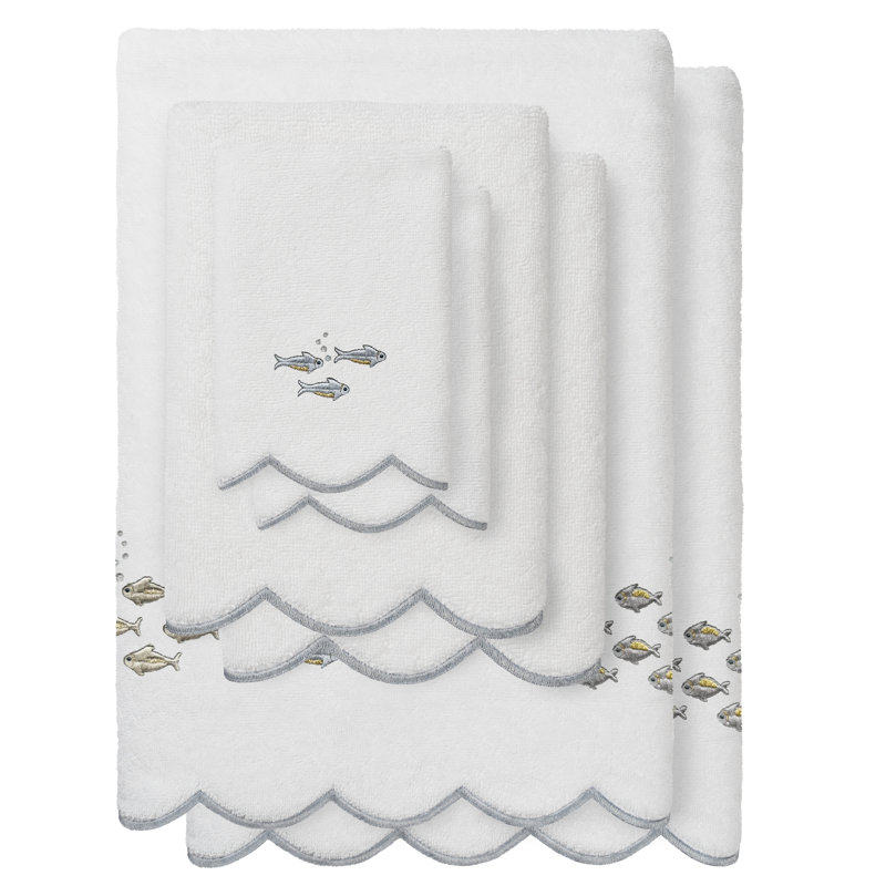  100% Turkish Cotton FISH SCHOOL Scallop 3PC Embellished Towel Set, White/Gray, 3 Piece Towel Set