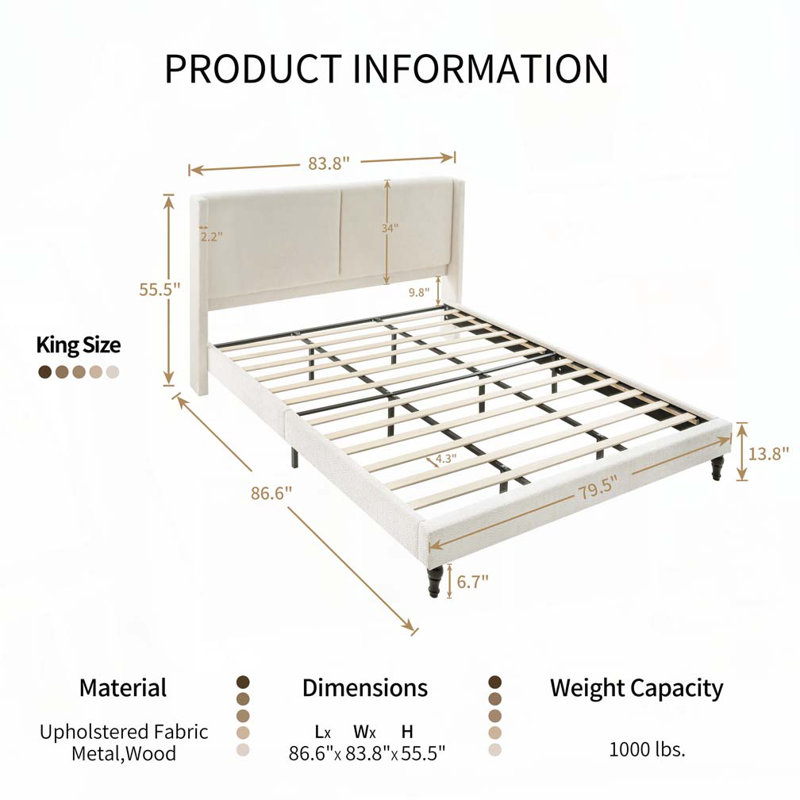 Structure de lit en tissu avec tête de lit rembourrée Boucle