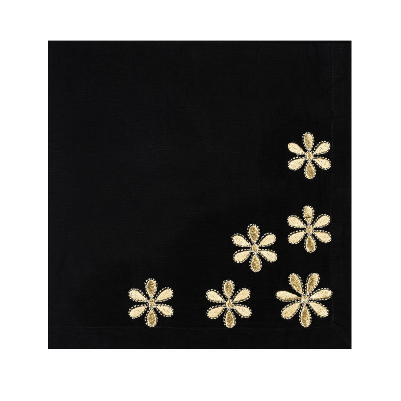 Daisys Embroidered Linen Napkins, Black/Gold