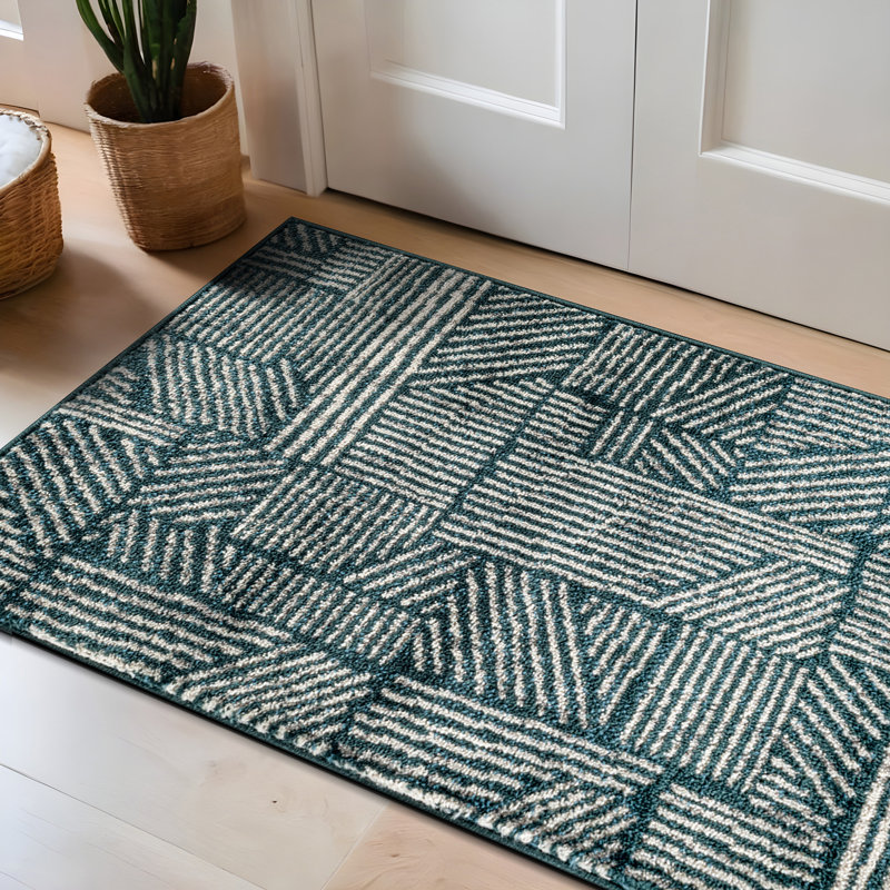 Rambo Geometric Black/Ivory Area Rug, Rectangle 2' x 3', Teal