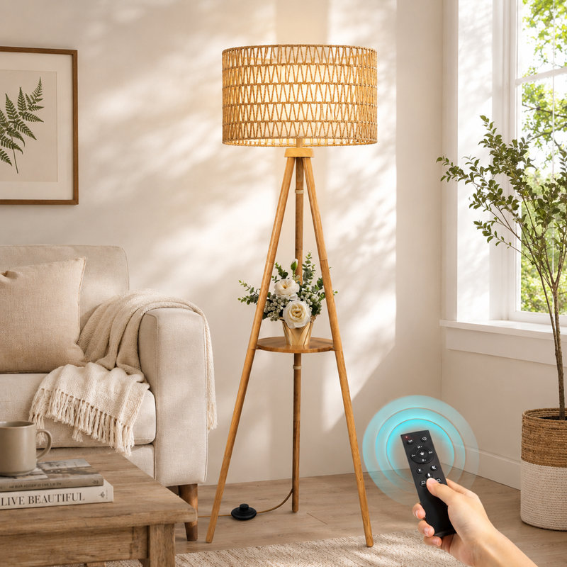 Lampe trépied à intensité variable 63 po avec télécommande Jodanna, ampoule DEL incluse, Bois