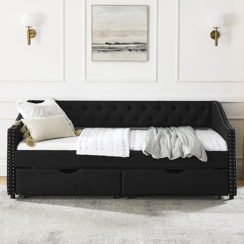 Twin Size Daybed With Linen Fabric And Underbed Storage Solutions Black Upholstered Drawers 500lbs Weight Capacity, Twin