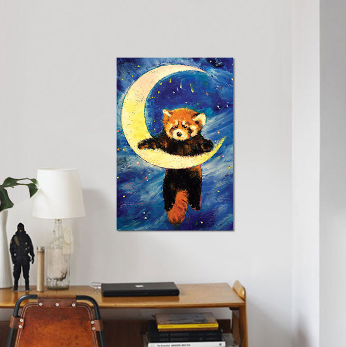 « red panda stars », peinture sur toile tendue, H 32 po x l 24 po x P 1 po, Papier d'art encadré noir, Blanc