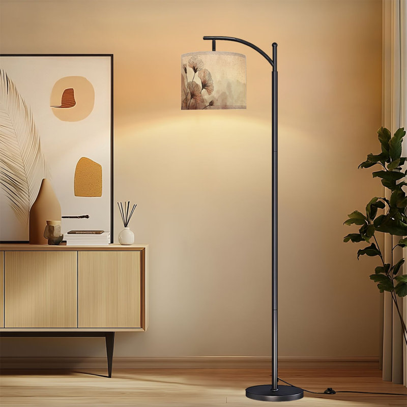 Arc Floor Lamp with Adjustable Lampshade Rustic Floral Vintage Magnolia Flower Brown Farmhouse Delicate Standing Lamp 3 Color Temperatures Dimmable Tall Pole Lamp with Foot Switch for Bedroom
