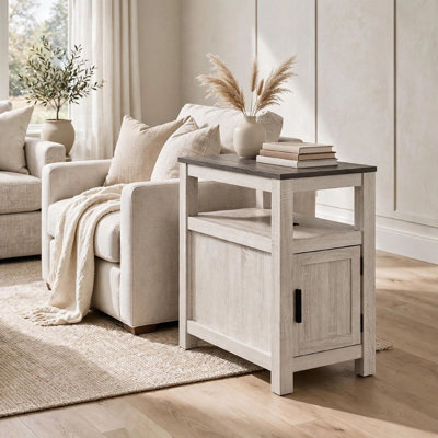 Table d'appoint Mesa Chair, tablette ouverte, ports USB, blanc antique, 25 po