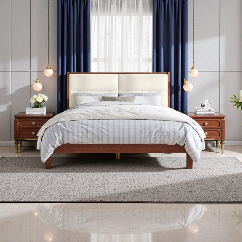 Structure de lit grand format en bois massif espresso avec tête de lit en velours beige luxueux - aucun sommier requis