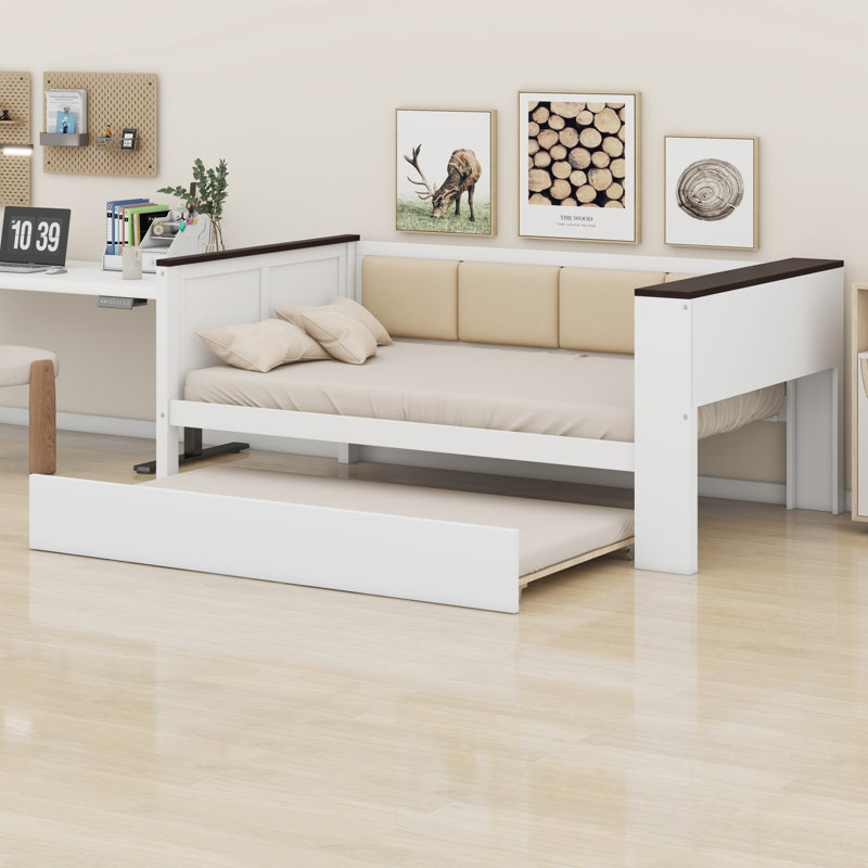 Wood Daybed With Storage Shelves, Upholstered Backrest,USB And Trundle, Twin