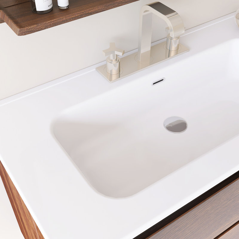 Meuble-lavabo mural simple avec comptoir intégré en céramique blanche, Noyer, 36"