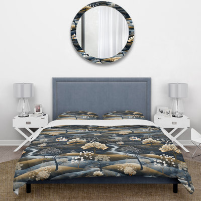 Dark Blue Scandinavian Mountain I Floral Duvet Cover