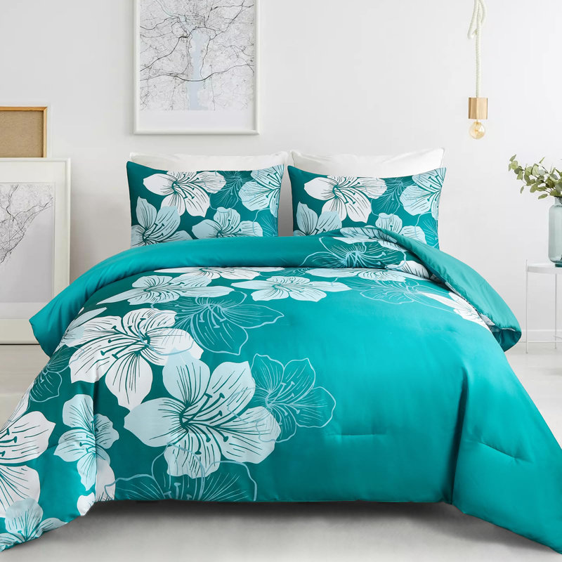 Ensemble d'édredon 3 pièces Floral Bedding, Édredon pour grand lit + 2 taies décoratives pou, Bleu sarcelle dégradé