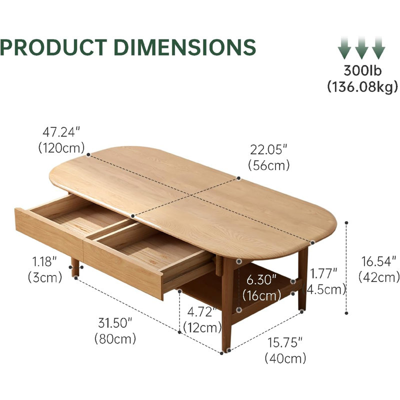 39"W Solid Oak Mid-Century Modern Coffee Table with Drawer and Storage Shelf, 16.54" H x 39.37" L x 19.69" W, Brown Oak