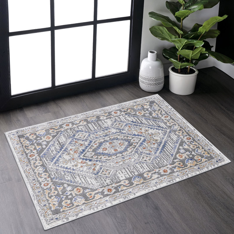 Tapis bleu / crème / bordé de collection pour la salle à manger, la salle à manger, le bureau à domicile et le tapis résistant aux taches