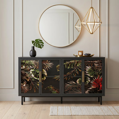 60.3" 4-Door Glazed Painting American Retro Buffet Cabinet, Tropical Glass Door Decorative Storage Console Cabinet for Living Room Bedroom Dining Room