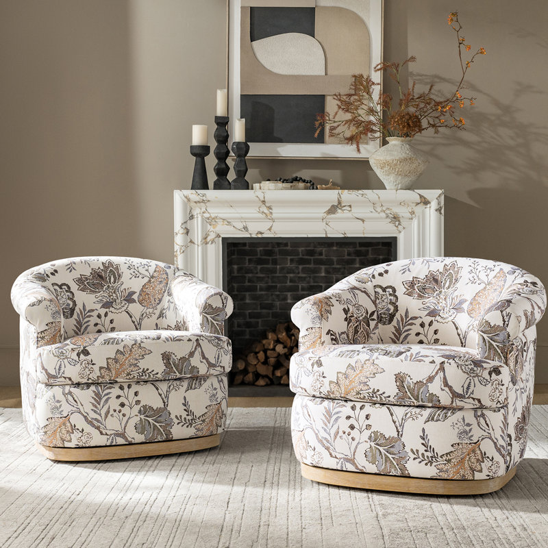 Volk 31.25"W Farmhouse Upholstered Fully Assembled Swivel Barrel Chair, Green Floral