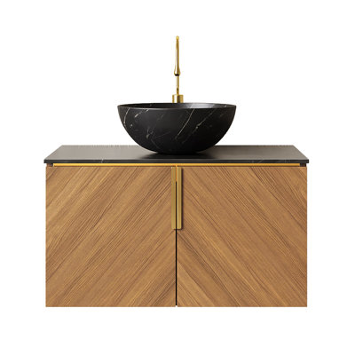 30" Wall Mounted Bathroom with Black Bowl Round Ceramic Basin and 2 Doors