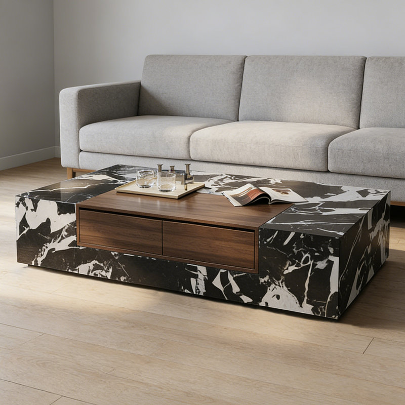 Table basse au style Ã©purÃ© et moderne avec 2 tiroirs, 13.77" H x 55.11" L x 27.55" W, Black/White