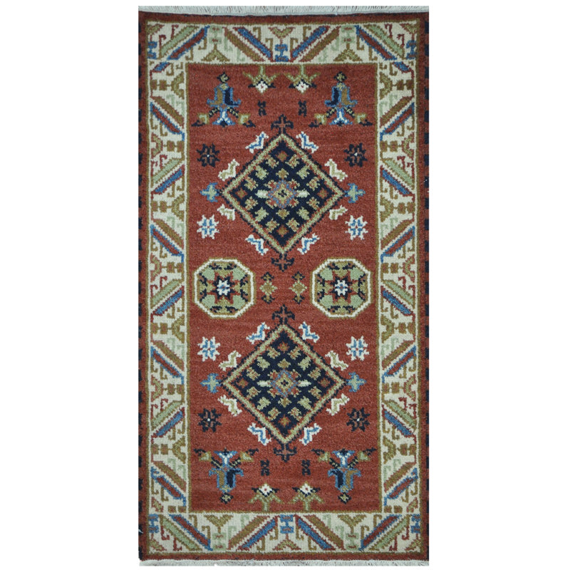 Tapis de zone en laine 2 pi x 4 po one-of-kind à la main noué la kazak Beatrize