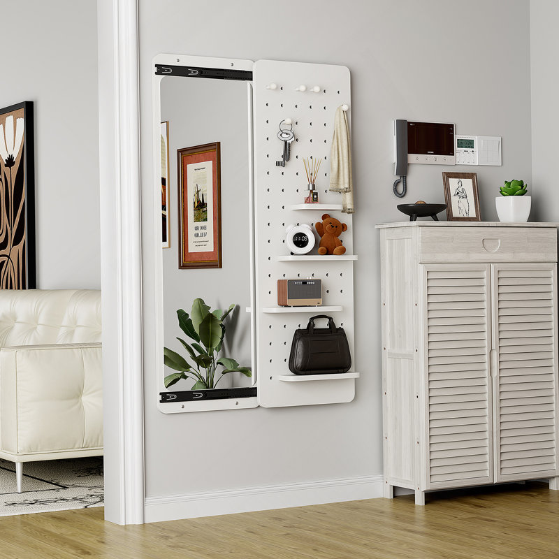 Wall Mounted Full Length Mirror, Full Body Mirror With Shelf, Full Body Mirror With Hook Wall Mounted Mirror With Multifunctional Design Panel