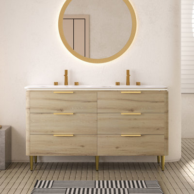 Meuble-lavabo de salle de bain avec lavabo, armoire de rangement autoportante en contreplaqué à rebords courbés, vasque intégrée en pierre frittée blanche de Carrare, pré-assemblée, couleur grain de bois de chêne blanc