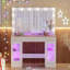 Grande coiffeuse de 43,3 po, coiffeuse avec grand miroir et lumières 3 couleurs, coiffeuse à maquillage en verre avec armoires RVB et prise de courant pour la chambre à coucher, blanc