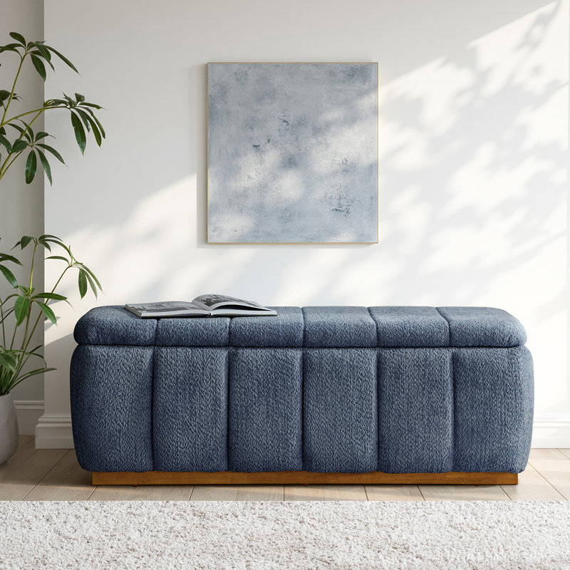 Banc de rangement recouvert de tissu d'ameublement en chenille avec base en bois massif Vanesa, Bleu ardoise