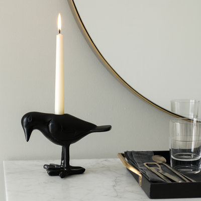 Modern Metal Crow Candle Holder for Living Room Decor - Decorative Taper Candlestick Holder for Tabletop Accent - 6", Black