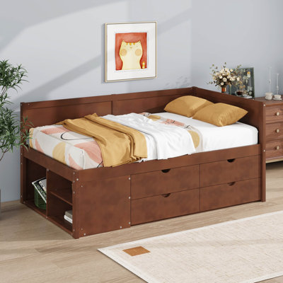 Twin Size Daybed With 4 Storage Drawers And Shelves, Wooden Platform Bed Frame With L-Shaped Headboard, Corner Bed by Lark Manor