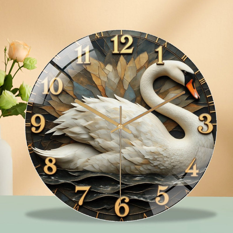 Elegant Swan Wall Clock Decor for Home And Office Art - 12'' Modern Glass Wall Clock