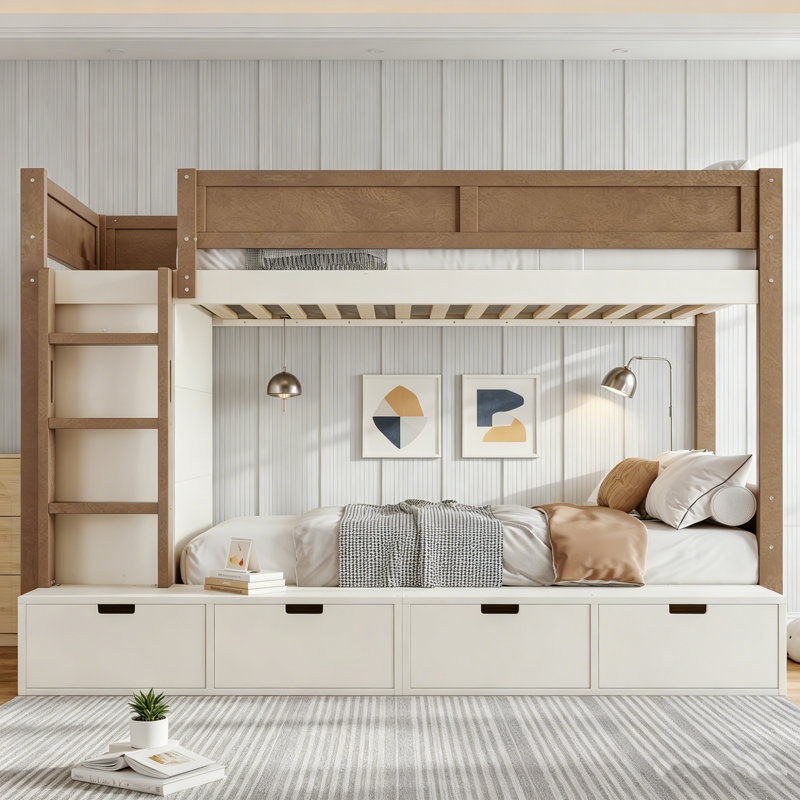 Lit superposé simple au-dessus de simple, lit superposé avec rangement multifonctionnel avec garde-robe, garde-corps et 4 tiroirs, lit superposé en bois, aucun sommier requis, cadre de lit en bois massif, lit superposé robuste pour chambre à coucher et chambre d'amis