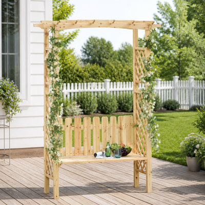 Banc de jardin en bois avec arche en treillis pour plantes grimpantes et sièges d'extérieur confortables