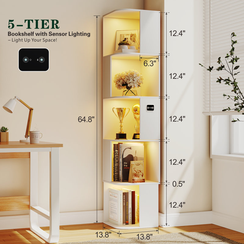 64.8"H, Modern Storage 5-Tier Bookshelf, White