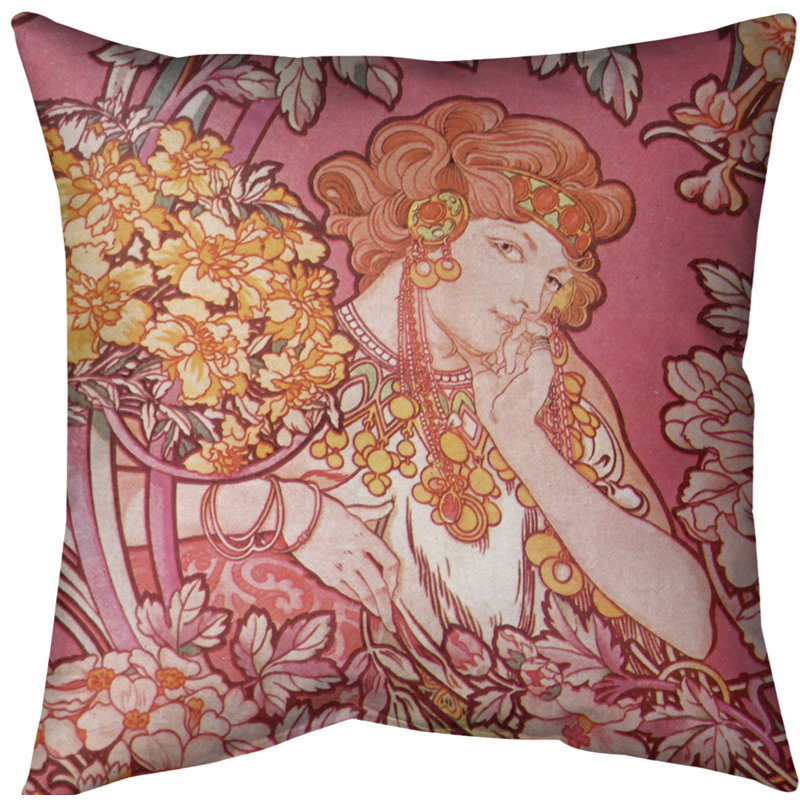 Coussin décoratif alphonse mucha femme entre fleurs, 18 po x 18 po, Rose, Sergé de coton