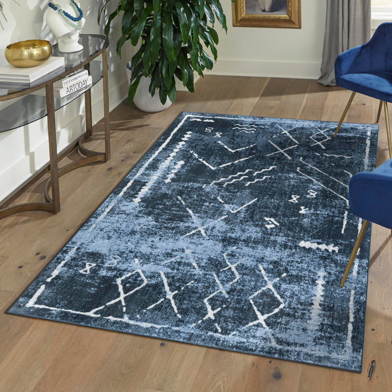 Tapis tribal Eudora bleu marine, Rectangle 3 pi 3 po x 5 pi 3 po
