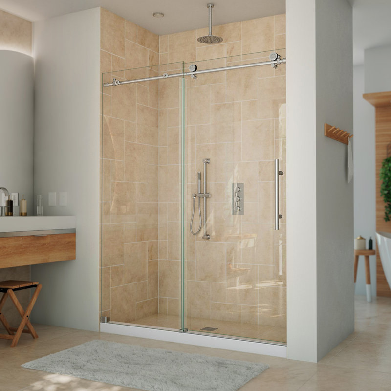 DreamLine Continuum 56-60 in. W x 76 in. H Fully Frameless Sliding Shower Door, Brushed Stainless Steel