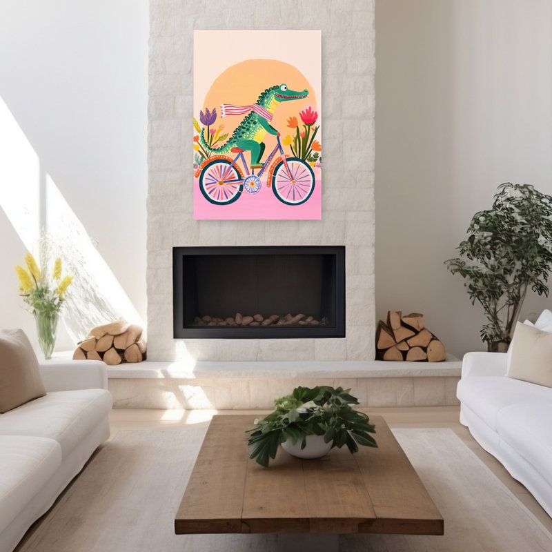 Happy Alligator Bike Ride Alligator Crocodile Flower Wall Art Print 1 Piece Wrapped Canvas Wall Art, 121.92cm H x 81.28cm W