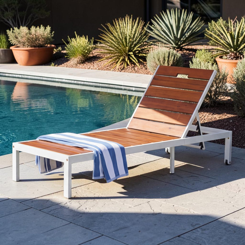 Acacia Wood & Metal Outdoor Reclining Chaise Lounge Chair With Wheels, White/Brown