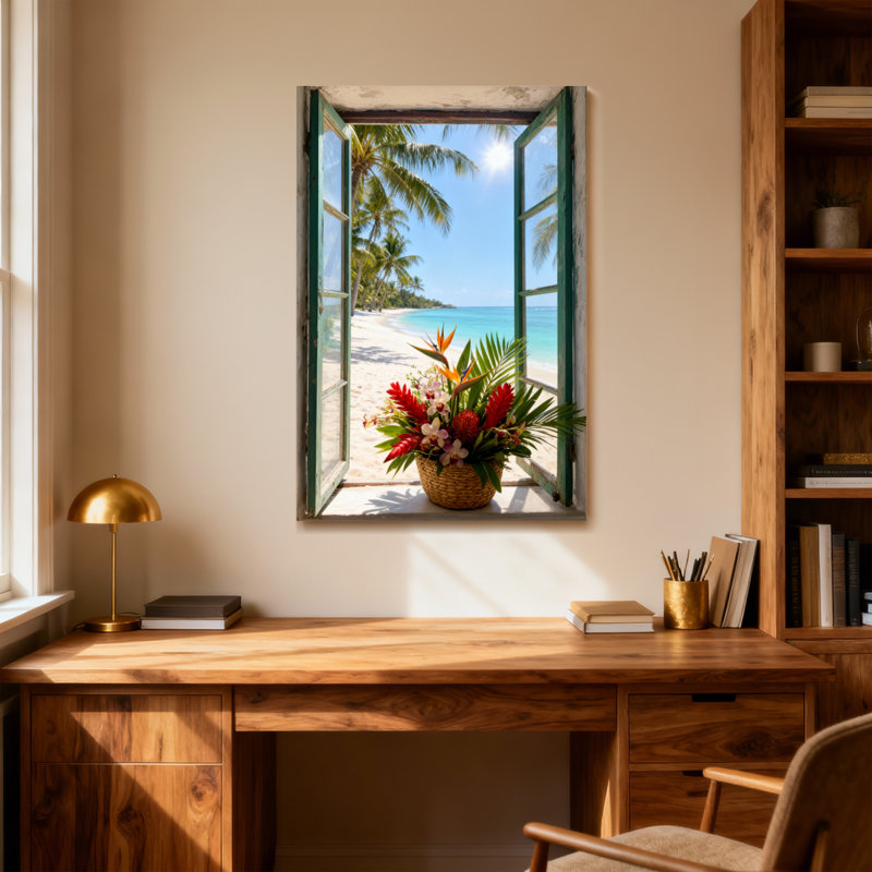 Paysage et nature, plage tropicale avec palmiers et fleurs, H 18 po x l 12 po