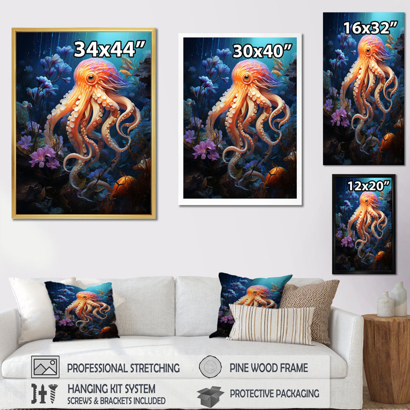 " Popart Octupus Impression ", 44" H x 34" W x 1.5" D, Black Single Picture Framed
