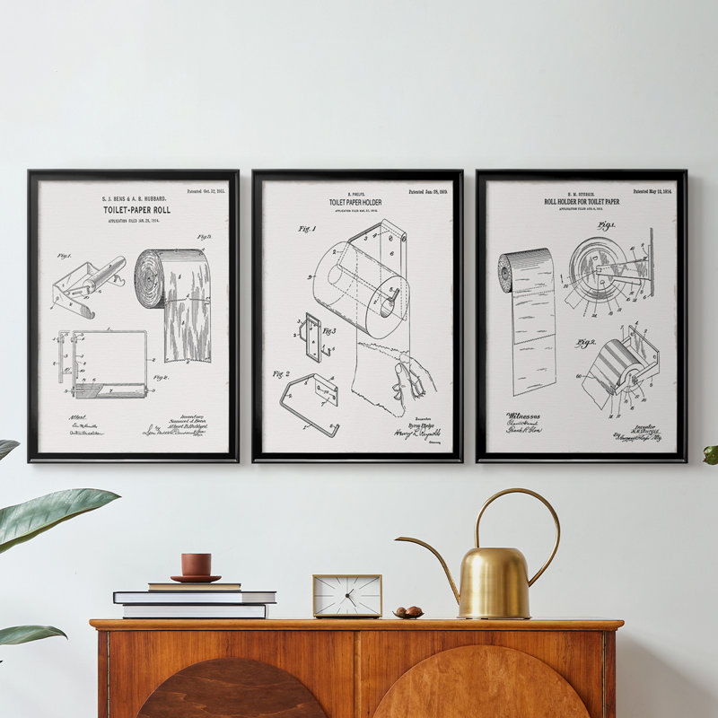 Papier hygiénique brevet I - Toile tendue avec châssis sur mesure - 3 pièces, H 15 po x l 19 po, Noir