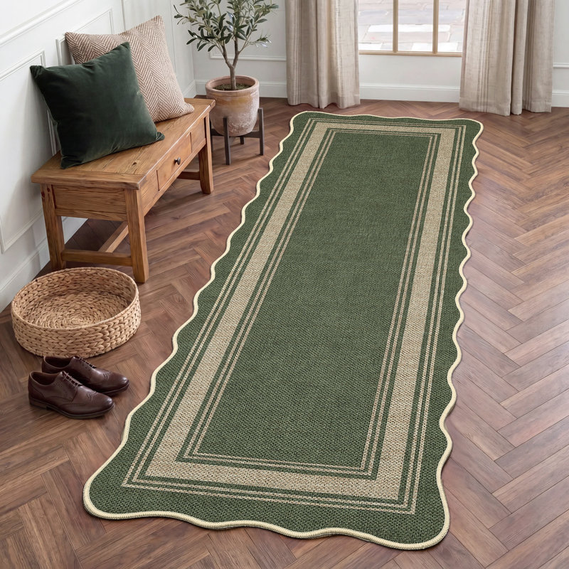 Washable Indoor Outdoor Runner Rug - Faux Jute Look, Non-Slip, Thin, mark Resistant, Non-Shedding Carpet for Patio, Living Room, Kitchen, Hallway - Green, 2x6ft (61x183cm)