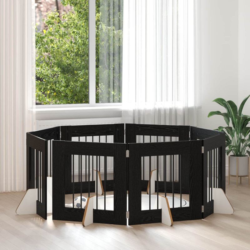  Dog Gate With Stands Engineered Wood Fence Pet Containment Living Room, 80cm H x 120.5cm W x 34cm D, Black Oak