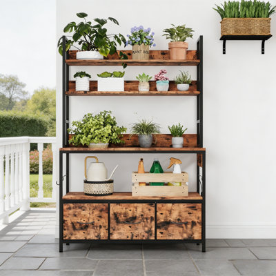 5 Tier Kitchen Bakers Rack with Charging Station & Drawers, Industrial Microwave Oven Stand, Freestanding Farmhouse Coffee Bar Station Utility Shelves with Hooks, Vintage Brown
