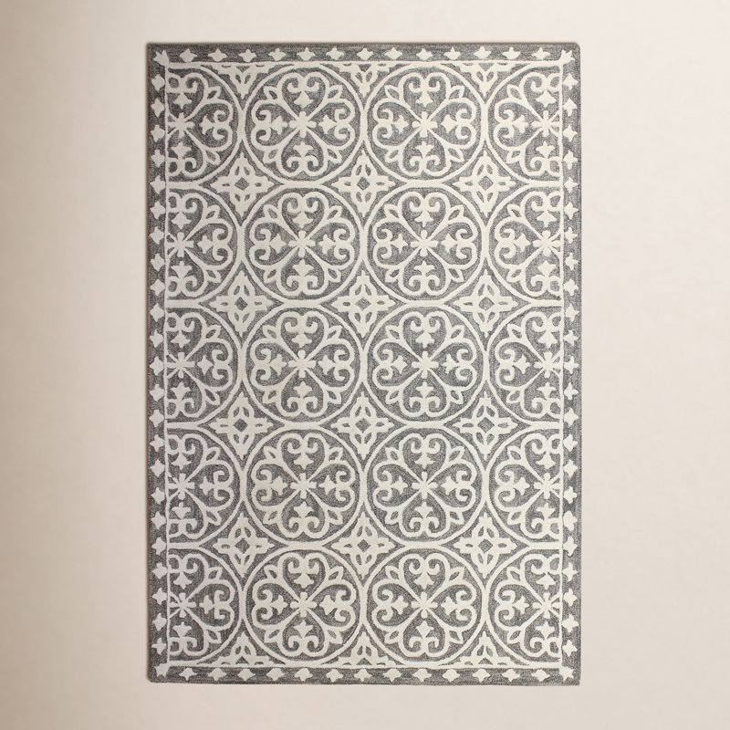 Tapis gris clair / taupe / blanc en laine touffeté à la main Laurant, Rectangle 5 pi x 7 pi 6 po